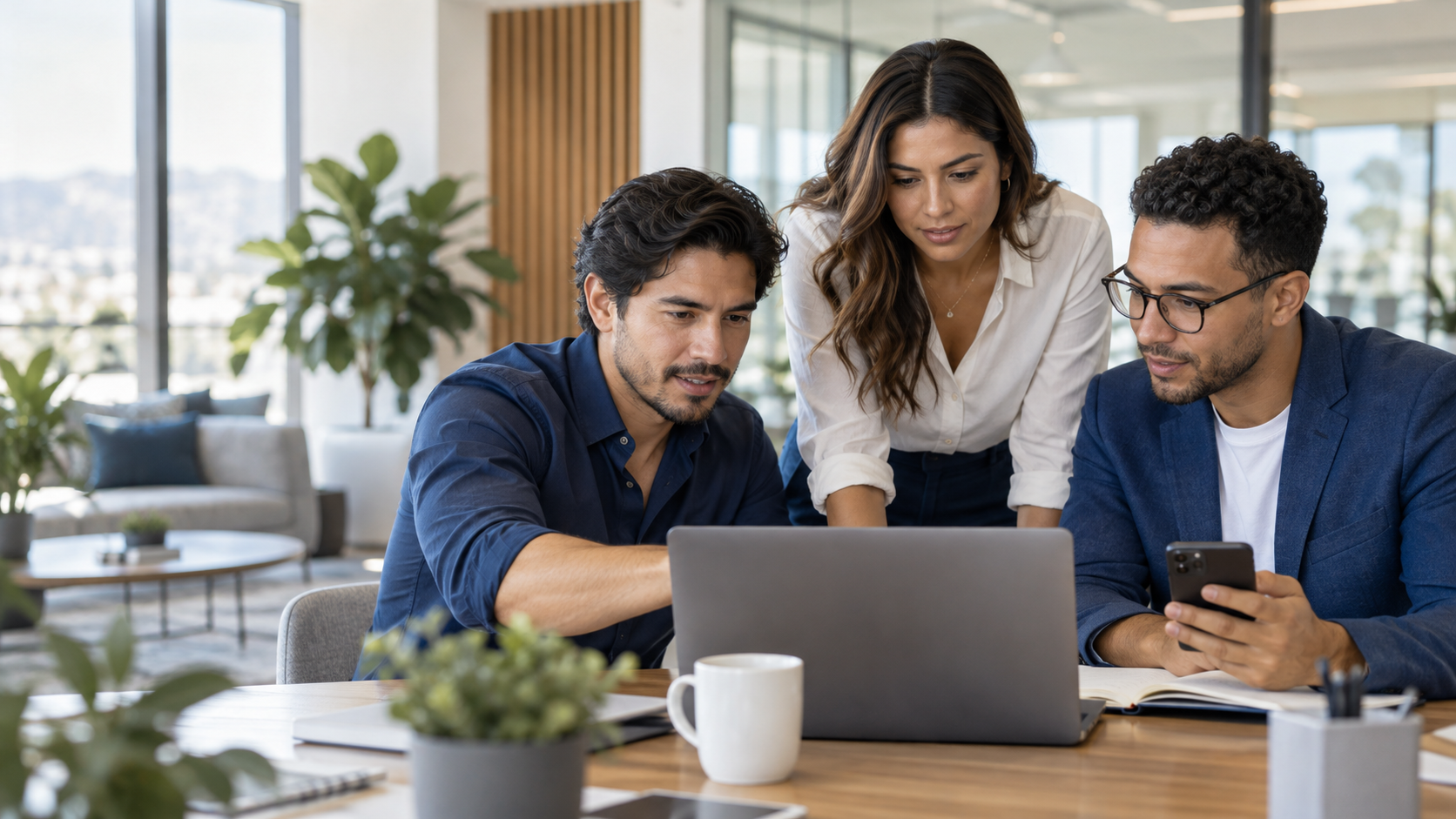 Equipo comercial colaborando frente a una computadora